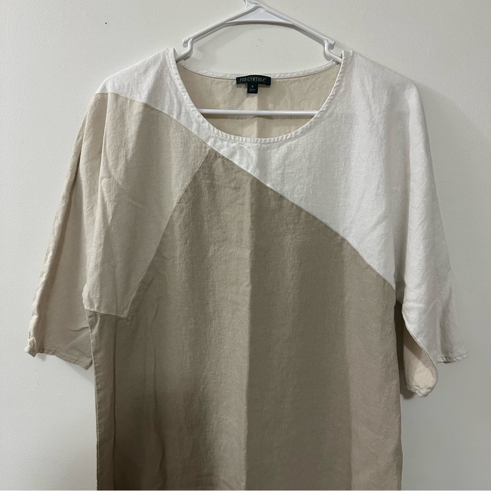 For Cynthia Linen Blend Dress Color Block  Neutrals Size Small White Cream‎ Tan - Picture 2 of 6